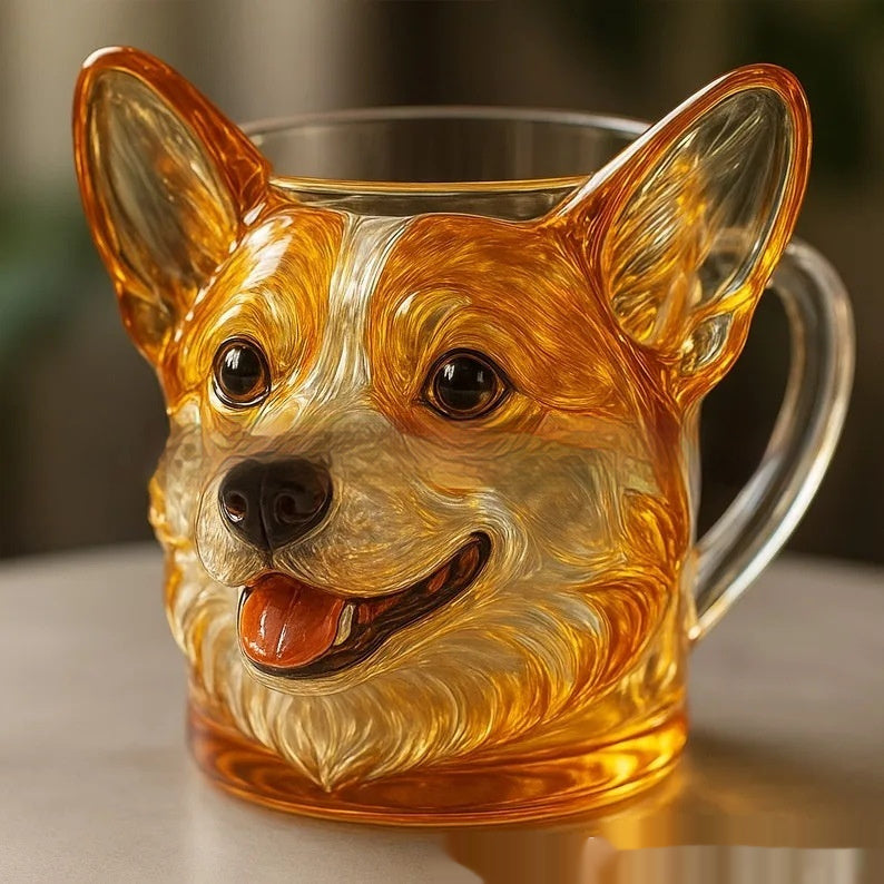 3D Dog Face Glass3D Dog Face Glass Cup featuring a cute Corgi design, colored glaze, and realistic detailing.