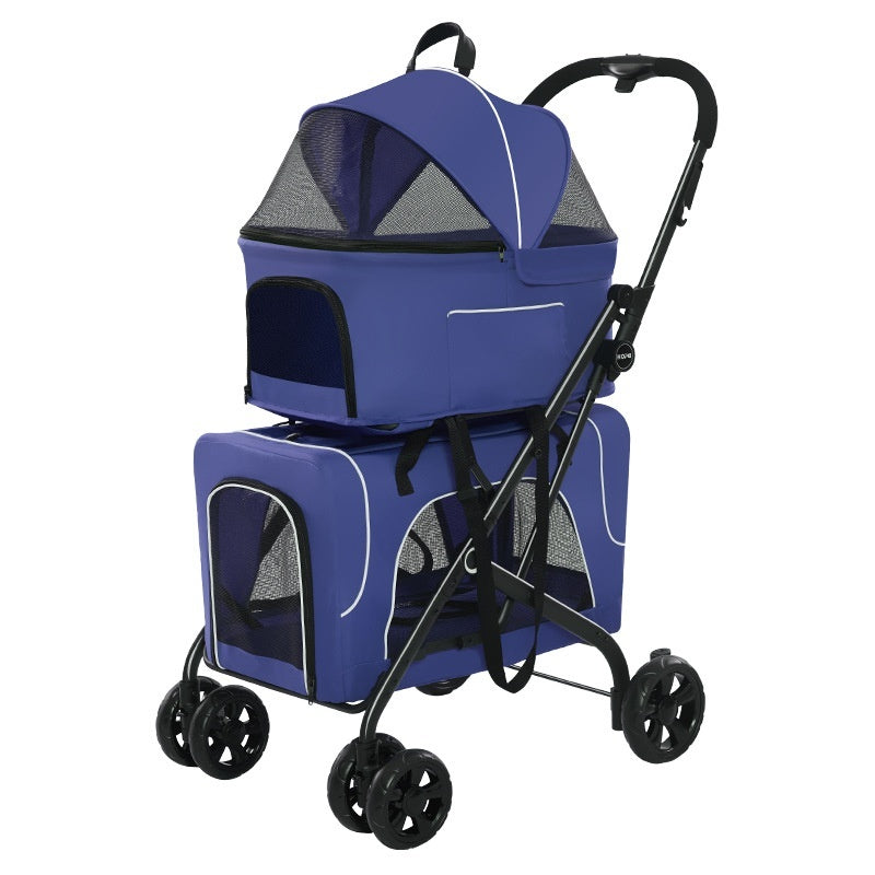 Small Dog Lightweight Folding Cat Dog Trolley in dark blue color with multiple compartments and wheels for easy transport.