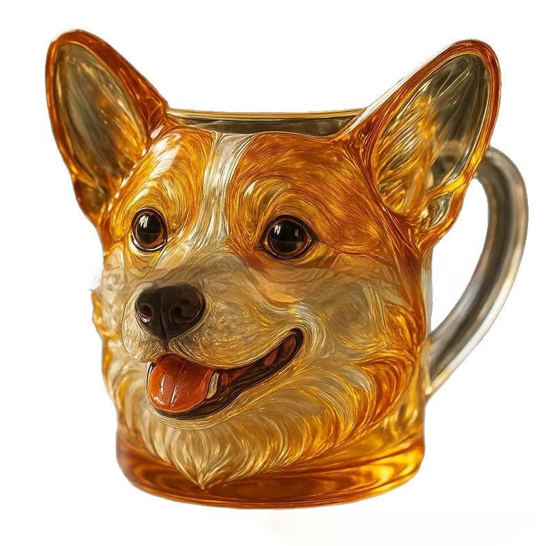 3D Dog Face Glass3D Dog Face Glass Cup in the shape of a Corgi with a glossy finish and detailed texture.