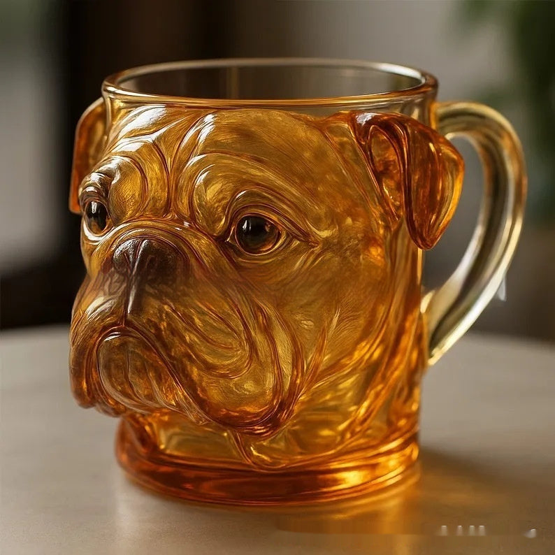 3D Dog Face Glass3D Dog Face Glass Cup featuring a detailed bulldog design in amber glass.