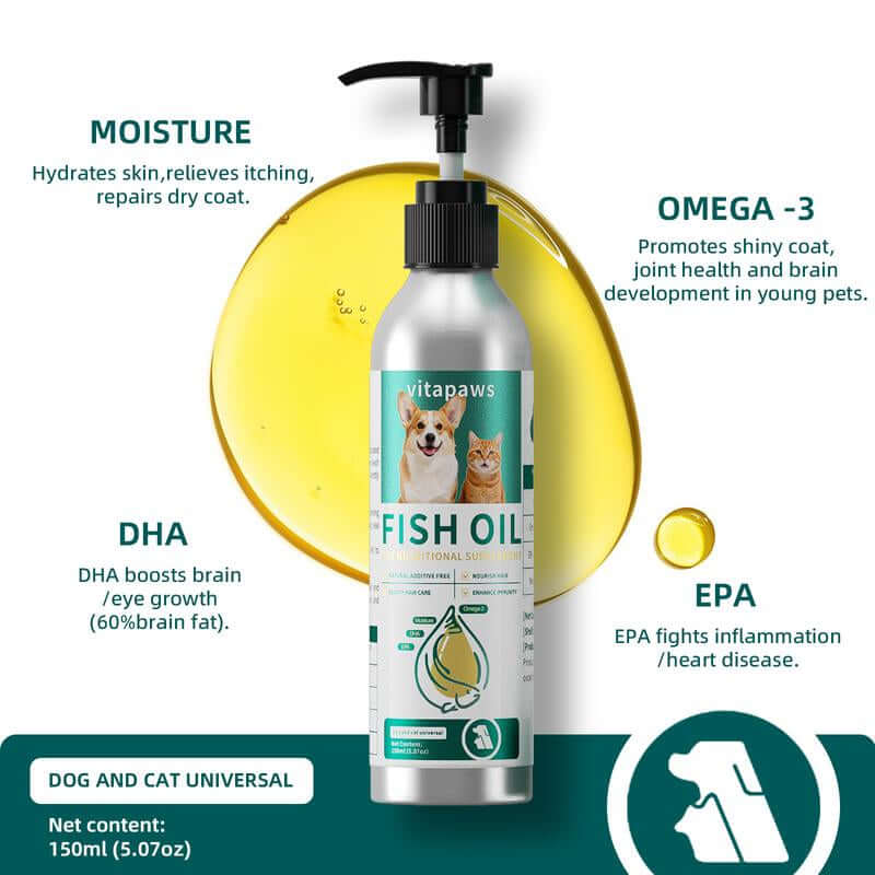 Fish Oil for Dogs & Cats - Healthy Skin & Coat, Fish Oil, Liquid Food Supplement for Pets, All Natural, Supports Joint & Bone Health, Enhance Immunity